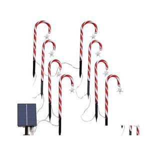 Décoration de fête 8pcs Christmas Solar Candy Cane Lights With Stake Stars Flakes Snow Flakes Santa Pathway Markers Lamp Garden Decor Dhawd