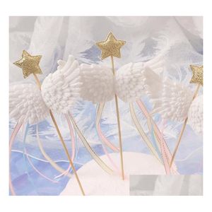 Party Decoration Angel Wings Cake Decor Toppers Little Star Satin Tassel Cupcake Picks for Baby Shower ANNIVERS