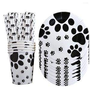 Décoration de fête patte de chiot noir et blanc, fournitures d'anniversaire pour chien, ballon, assiettes en papier, gobelets, serviettes, pailles, ensemble de vaisselle