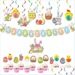 Décoration de fête Décorations de Pâques pour la maison Swirl Banner Egg Ornements Cake Topper Happy Kids Toys Fournitures Drop Livraison 2021 Garde Dh7Jh
