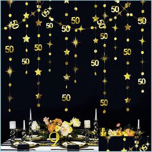 Decoración de fiesta Gold 50 Year Happy Birthday Banner Streamer para telones de fondo 50th Anniversaire Age Star Dots Garlandsparty Drop Mxhome Dhxbl