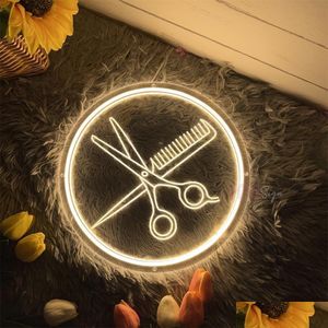 Décoration de fête Salon de coiffure néon signe lumière 3D gravure LED salon de coiffure ouvert bienvenue salle décor mur livraison directe maison jardin F Otijy