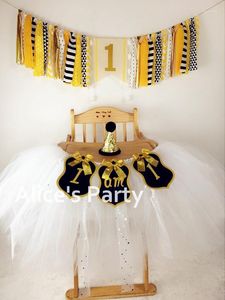 Décoration de fête faite à la main noir or miel abeille thème décorations d'anniversaire Tutu jupe chapeau chiffon cravate bannière je suis 1 guirlande Po PropParty