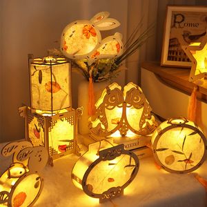 Decoración de fiesta Linterna de mediados de otoño Linternas chinas para niños DIY Linterna de madera hecha a mano Estilo retro Lámpara de luz inferior Regalos del festival de mediados de otoño 220826