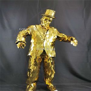 Decoración de fiesta Q16 Cosplay trajes de baile espejo dorado Robot hombres traje Dj usa trajes pasarela realizar sombreros máscara mostrar vestidos
