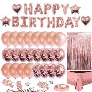 Decoración de fiesta, juego de mantel con globos de cumpleaños de oro rosa, confeti