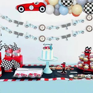 Decoración de fiesta Vintage Racing Car Garlands Suministros de cumpleaños Banner pre-encordado Let's Go Bandera a cuadros para 1er 2do 3ro