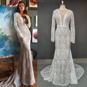 Robes de soirée Boho 2023 col en V profond découpé robe de mariée en dentelle réel Pos transparent rétro à manches longues ouvert dos transparent sirène robe de mariée 230221