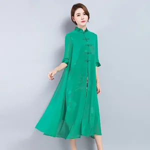 Robes de fête Green Chinese Femme Traditional Slim Femmes Robe d'été 2024 Robe à manches mi-manches Vintage Femmes Fyy506