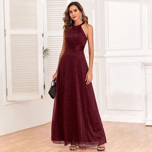 Robes de fête HJQ-73 # 2024 Printemps et automne Sparkling Open Back Robe de mariée suspendue Neck Evening Women's Long Wine Red