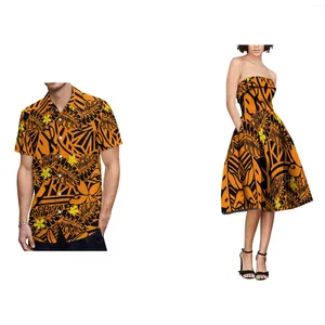 Vestidos de fiesta Últimas personalizadas impresas tribu polinesia dama vestido inflado familia larga pareja samoana 2 conjuntos hombres camisa de manga corta