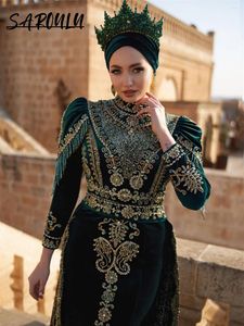 Vestidos de fiesta de lujo de encaje dorado bordado sirena terciopelo Hijab vestido de noche Kaftan musulmán A-line vestido de fiesta con cuentas
