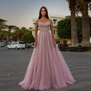 Vestidos de fiesta Sexy Tube Top Glitter Gorgeous Pink Beaded Elegant Prom Dress Spaghetti Straps Crystal Shiny Tulle A Line Noche de mujer