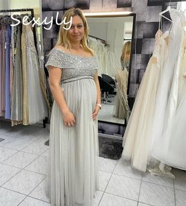 Vestidos de fiesta Sparkle Sequin Silver Vestido de noche para las mangas de la capa embarazada Longitud del piso Formal Prom 2024 Tul Tul Tulle Boda Invitado