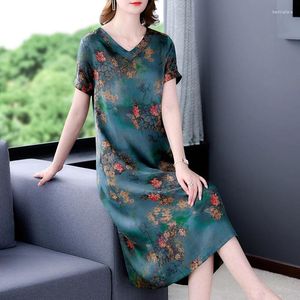 Robes de fête Femmes Floral Natural Silk Midi Robe Summer Summer Short Manneve Light Elegant 2024 Corée Vintage Office décontracté Dame