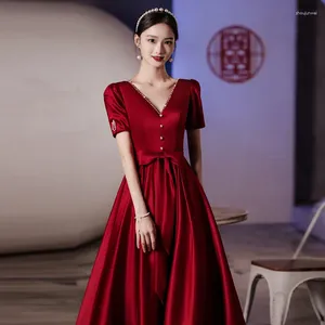 Robes de fête Yourqipao Summer Toast Dress Bride Red Satin Festive Elegant Medium Engagement Chinois Style Evening Wedding for Women