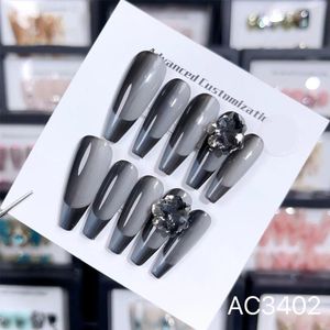 Party Favor 10 PCS Long Presse sur les ongles avec designs Fleur noire Décor de diamant luxe à la main arylique Français