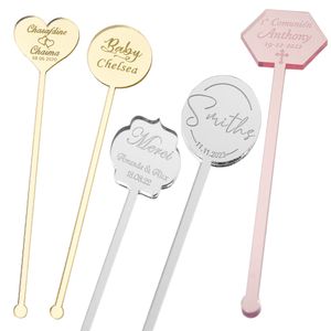 Favor de fiesta 50 * Espejo acrílico redondo grabado personalizado Bebida agitador Swizzle Sticks para Baby Shower Regalo de boda Decoración Gfit 230512