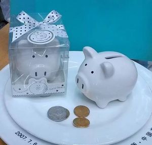 Party Favor Ceramic Mini Piggy Bank en caja de regalo con Polka-Dot Bow Coin box para baby shower favorece regalos de bautizo dh87