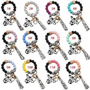 Party Favor Silicone Cursive Vache Perle Bracelet Bois Disque Bracelet Porte-clés Vache Gland Ox Tête Poignet Porte-clés Charme Pendentif Accessoire FY340 I0404