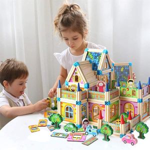 Juguete de recuerdo de fiesta con minifiguras, bloques educativos de castillo de madera, recuerdos de cumpleaños (268 piezas), juego de construcción para regalo de niños