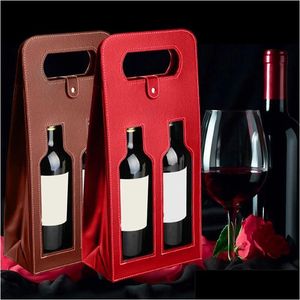 Sacs à vin en gros de faveur de fête, boîte d'emballage cadeau de transporteur rouge de haute qualité avec fourre-tout en cuir, sac creux, livraison directe Dh3D8