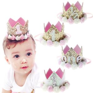 Sombreros de fiesta Corona de flores Diadema nacida Tiara de cumpleaños dorada para niños Headwear Bandas para el cabello Accesorios Regalo