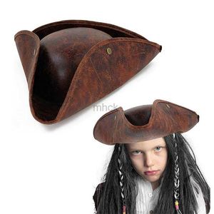 Party Hats Halloween Brown Distressed Pirate Tricorn Hat Masquerade Party Men Women Faux Leather Pirate Costume Accessories Hats HKD230807