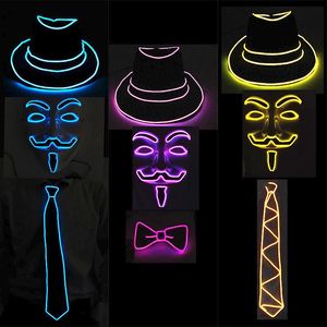 Chapeaux de fête LED Festival Rave Light Cosplay Vendetta Guy Fawkes Flash Costume EL Chapeau Glowing Tie Neon Masque Bar Fournitures de Danse 231122