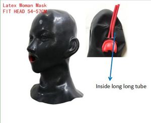 Máscaras de fiesta Máscara de capucha humana de látex 3D Ojos cerrados Capucha fetiche con tubo de nariz de lengua de vaina de boca roja 230625