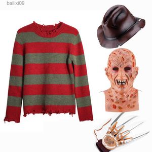 Máscaras de fiesta Freddy Krueger Cosplay disfraz suéter adulto tejido a rayas rojas abrigo superior sombrero máscara Freddie Krueger disfraz de Halloween para hombres T230905
