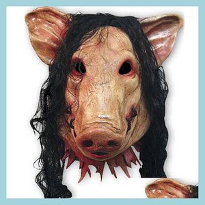 Máscaras de fiesta Máscaras de fiesta Al por mayor-Scary Roanoke Pig Mask Adts FL Cara Animal Látex Halloween Horror Mascarada con pelo negro H-0061 Dhwxl