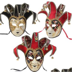 Masques De Fête Fêtes Fl Visage Hommes Femmes Théâtre Vénitien Jester Crack Mascarade Masque Avec Cloches Mardi Gras Ball Halloween Cosplay Coût Dhwe5