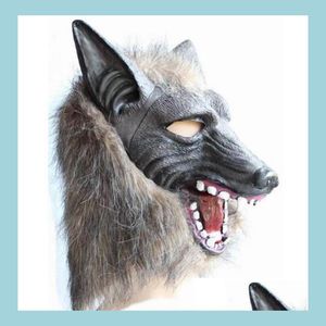 Máscaras de fiesta Scary Fur Latex Fl Head Overhead Wolf Mask Py Halloween Cosplay Masquerade Fancy Dress Up Theatre Adt Costume Props Grey Dhz67