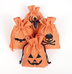 Paquete de fiesta Envoltura de regalo de Halloween Murciélago Calabaza Calavera Lino Arpillera Dulces Cordones Bolsa Bolsillo Trato Bocadillos Bolsas de almacenamiento Bolsa de galletas Decoración de truco o trato para niños