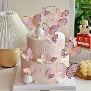 Fourniture de fête 10pcs Stamping Gold Pink Butterfly Cake Toppers Princess Girl Wedding Happy Birthday Decor Dessert