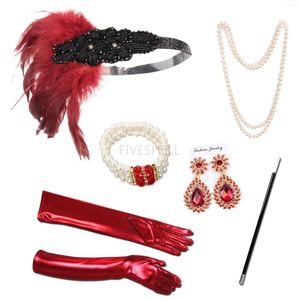 Fournitures de fête Années 1920 Gatsby Accessoires Cosplay Flapper Halloween Charleston Costume Rouge Ensemble Casque Grand Plume Bandeau Golve