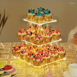 Fournitures de fête Support à cupcakes carré transparent à 3 niveaux Support d'affichage de tour de gâteau en acrylique de qualité supérieure avec chaîne de lumière LED pour anniversaire de mariage