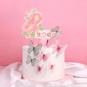 Suministros de fiesta, 5 uds., adornos para tarta de feliz cumpleaños, decoración hecha a mano, mariposa pintada, decoración para boda, Baby Shower