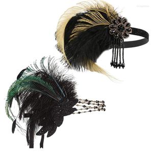 Suministros para fiestas Diademas de plumas de Charleston, tocado con flecos y cuentas verdes y amarillas, accesorios para vestido de aleta, disfraz de Gran Gatsby