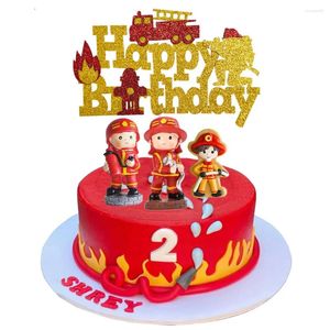 Fournitures de fête, camion de pompier à paillettes, garniture de gâteau joyeux anniversaire, Mini figurines de pompier, décorations sur le thème des pompiers