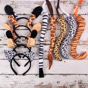 Suministros de fiesta disfraz de Animal de Halloween leopardo Tigre jirafa orejas de cebra aro de pelo conjunto de cola tocado de dibujos animados Cosplay vestido de lujo