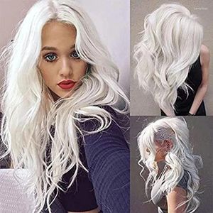 Suministros de fiesta de peluca blanca de plata ondulada larga para mujeres con aspectos destacados de las pelucas de cabello sintética de la parte media natural resistente al calor
