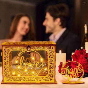 Suministros para fiestas Caja de tarjeta de boda OurWarm Gold con cerradura Titular de regalo de madera Acrílico transparente y diseño de luz de cadena para decoraciones