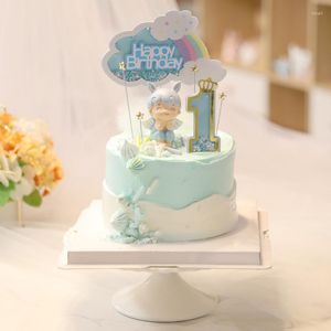 Articles de fête Rose Bleu Thème Premier Anniversaire Décoration Gâteau Toppers Bébé Genre Révéler Garçon Ou Fille Dessert Cupcake Insérer Carte