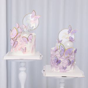 Suministros para fiestas, decoración de pasteles de mariposa rosa púrpura, adorno para tarta de feliz cumpleaños, pintado a mano para bodas, fiestas de cumpleaños, Baby Shower 20220503 D3