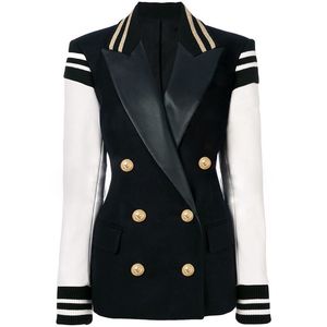 Patchwork Double Boutonnage Rayures Veste Noir Femmes Style Preppy Mode En Cuir PU Épissage Revers Cou À Manches Longues Sim Manteau Plus La Taille Automne Hiver