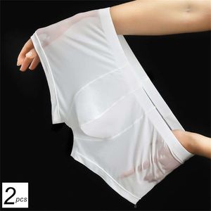 Uds ropa interior translúcida para hombres Boxer de nailon de talla grande para hombre sin costuras bolsa para bulto pantalones cortos bragas Color sólido Cueca