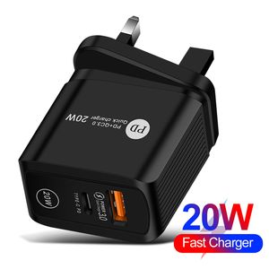 PD 20W Compatible QC 3.0 Chargeur de téléphone portable Chargeur de téléphone mobile EU / US / UK Fiche en gros Charge rapide Black pour iPhone 12 Pro