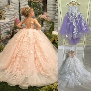 Peach Flower Girl Dress 2024 Lilac Ivory Tulle Lace Ballgown First Communion Gown Little Kid Infant Toddler Christening Baptism Junior Bridesmaid Wedding Guest